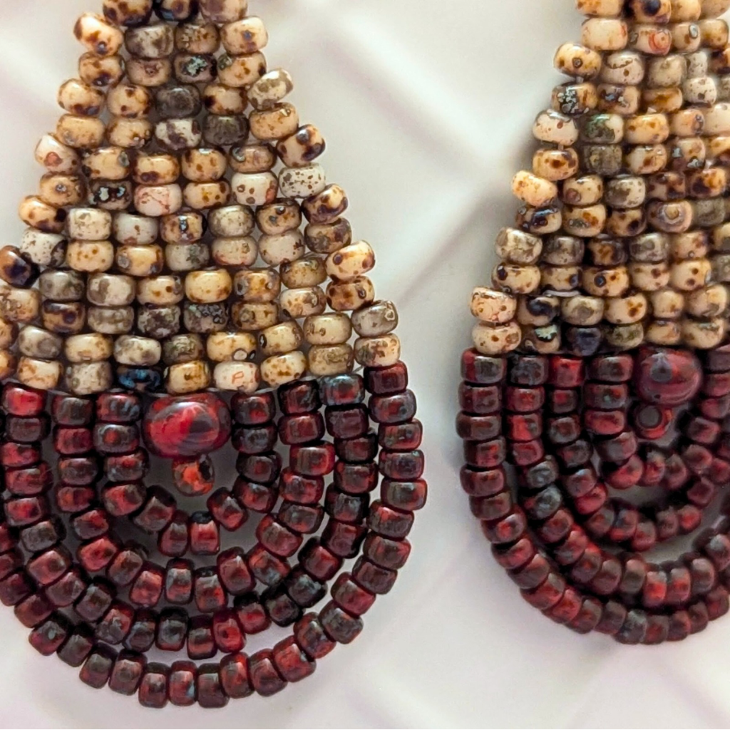 Sold - Hand stitched beaded droplet earrings - Deep reds and browns - Sterling silver hooks - OOAK