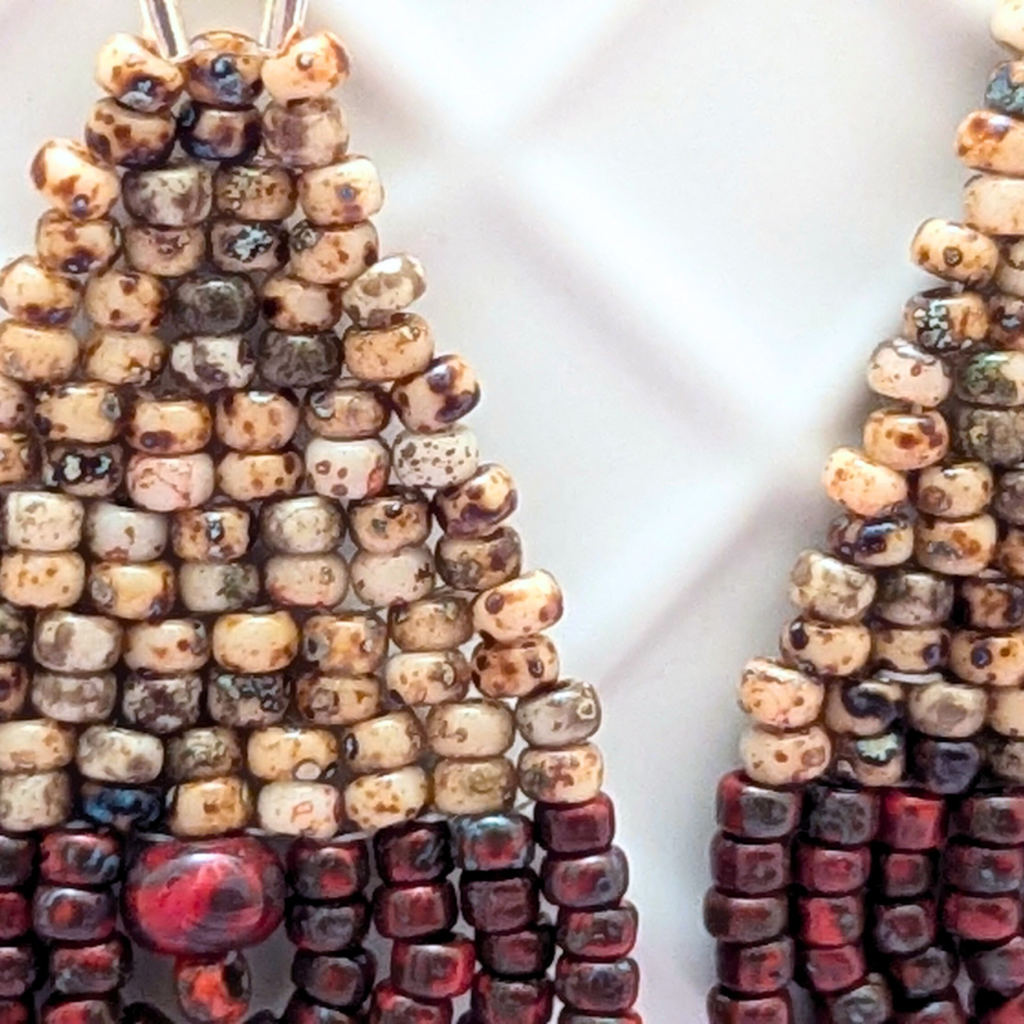 Sold - Hand stitched beaded droplet earrings - Deep reds and browns - Sterling silver hooks - OOAK