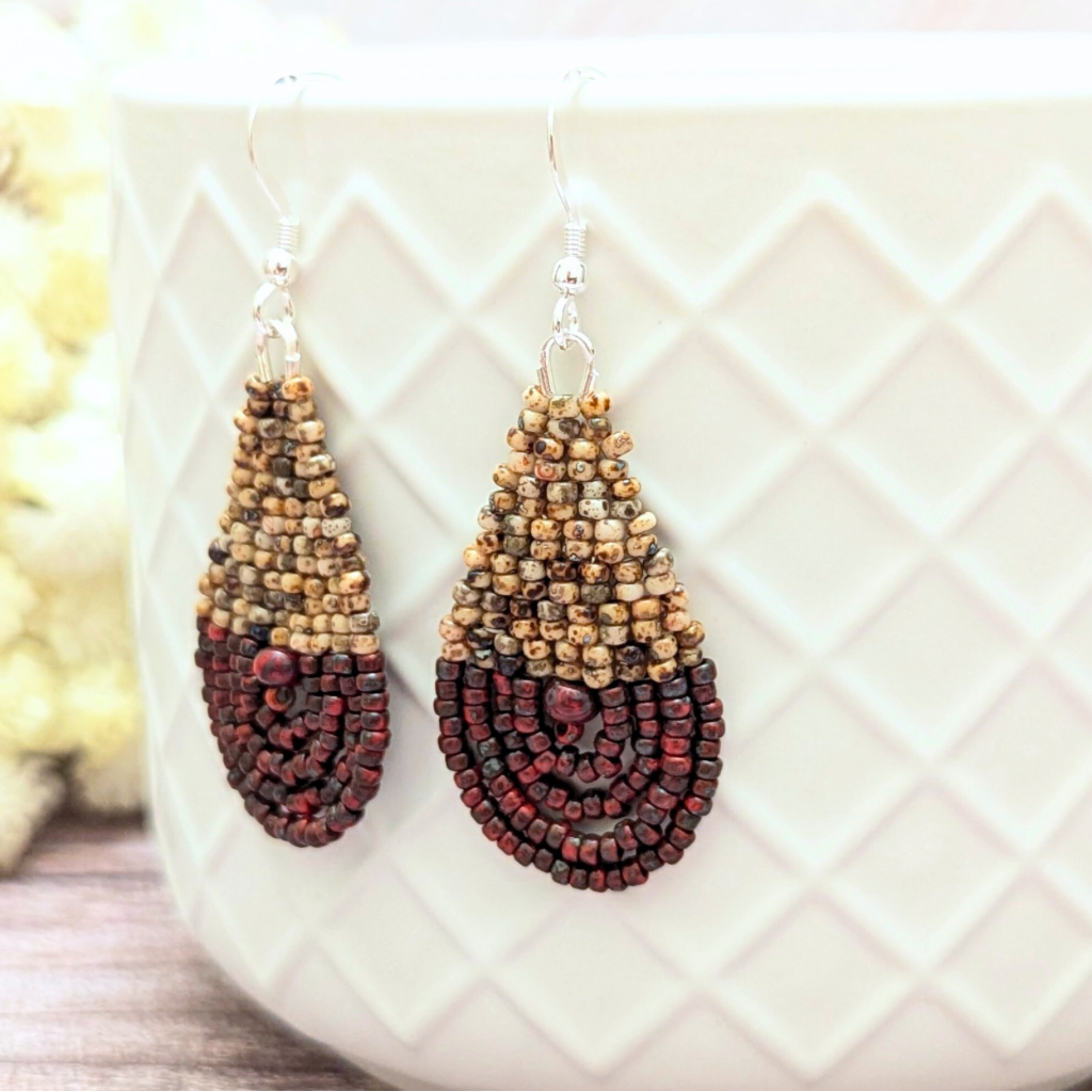 Sold - Hand stitched beaded droplet earrings - Deep reds and browns - Sterling silver hooks - OOAK