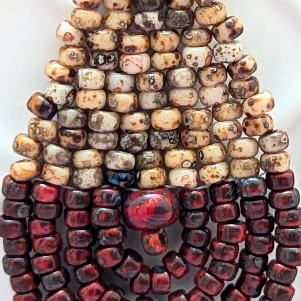 Sold - Hand stitched beaded droplet earrings - Deep reds and browns - Sterling silver hooks - OOAK