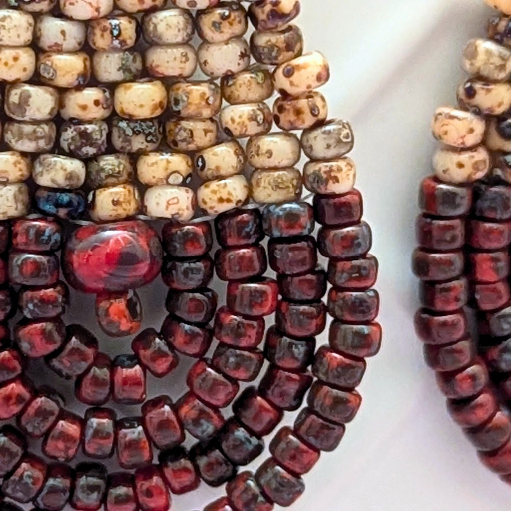 Sold - Hand stitched beaded droplet earrings - Deep reds and browns - Sterling silver hooks - OOAK