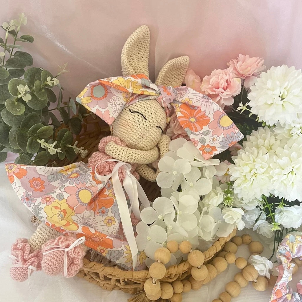 Handmade Crochet Bunny Doll Miss Nellie ,Matching Carry Bag, Scrunchie