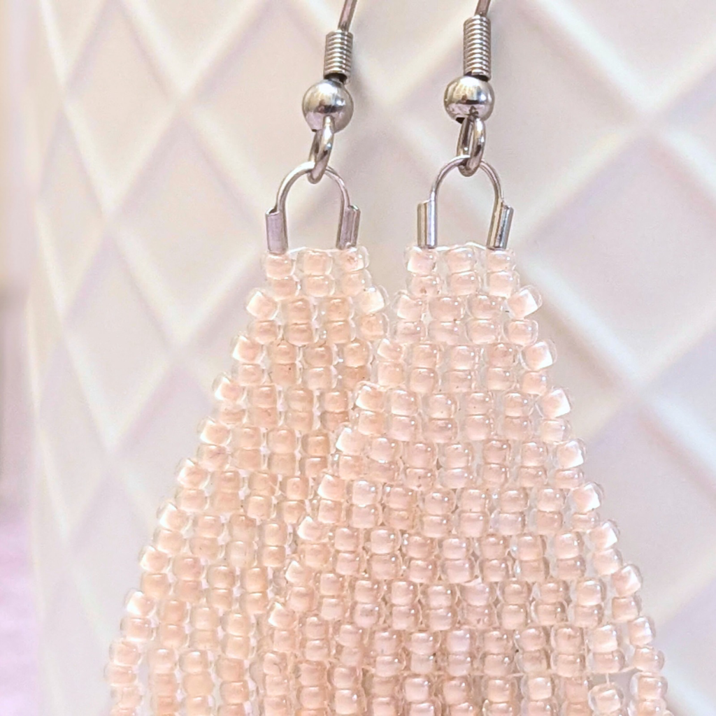 Hand stitched beaded droplet earrings with glass pearls - light pink - One-only