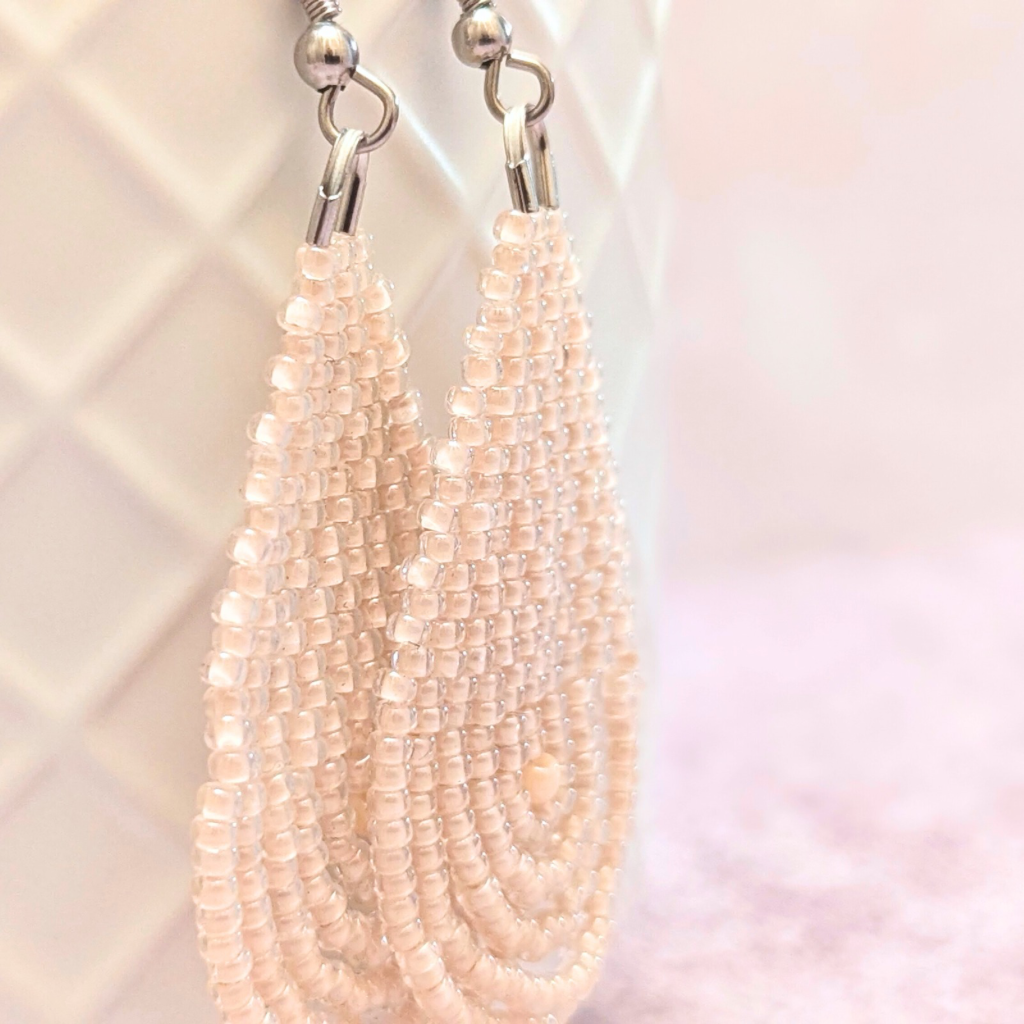 Hand stitched beaded droplet earrings with glass pearls - light pink - One-only
