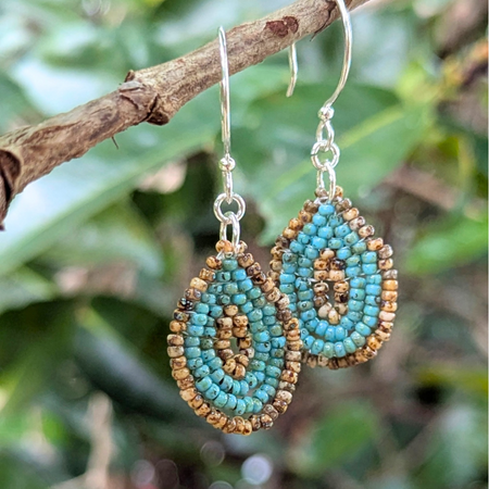 Droplet earrings | Hand stitched | Sterling silver ear hooks | Seafoam blue and brown with a unique Picasso finish