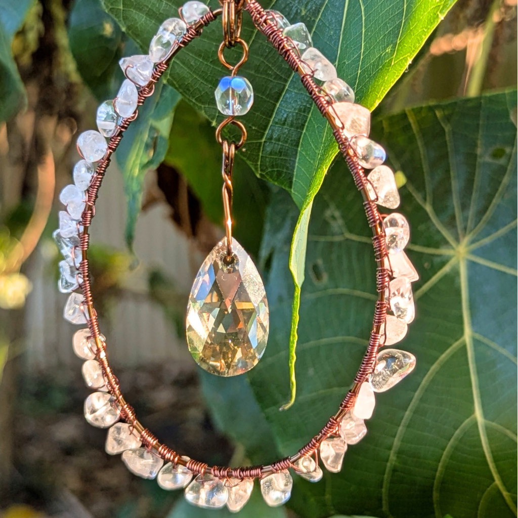 Crystal wrapped suncatcher with Swarovski pear drop | Rose quartz and crystal quartz | Gift wrapped with tag | One Of A Kind