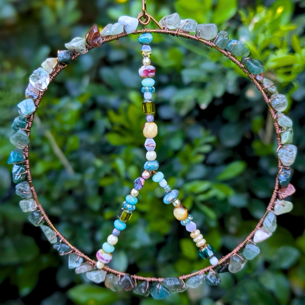 Peace sign suncatcher with glass and gemstone beads | Gift wrapped with hand painted tag | One Of A Kind