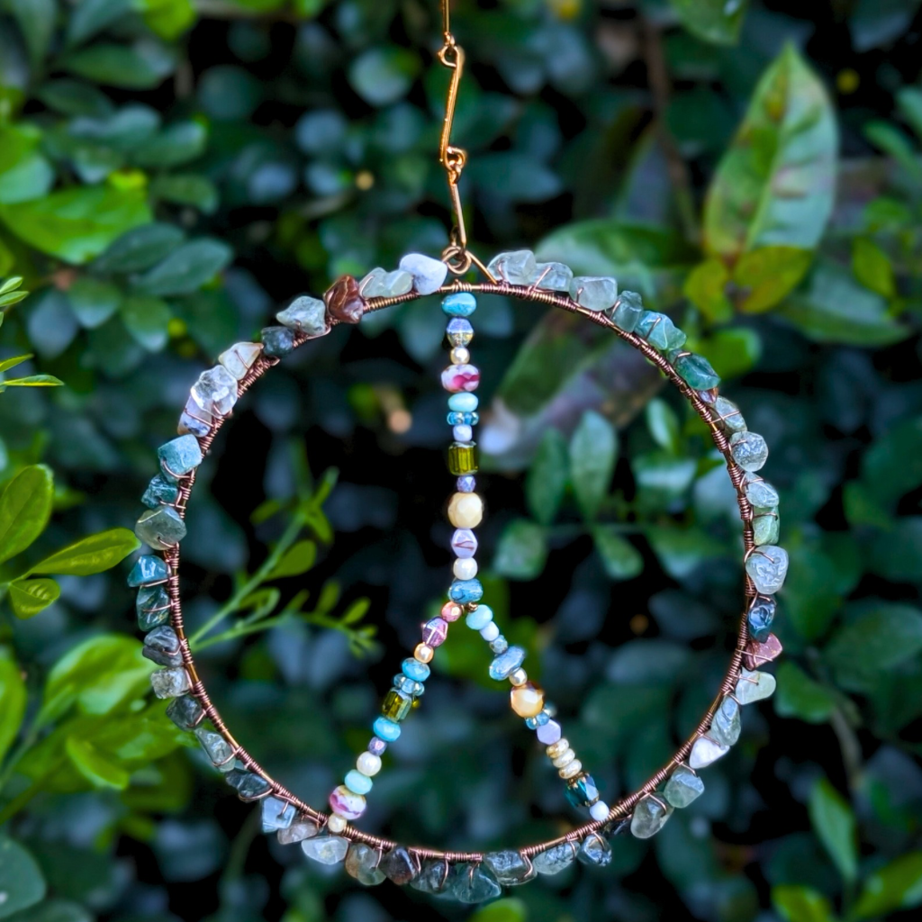 Peace sign suncatcher with glass and gemstone beads | Gift wrapped with hand painted tag | One Of A Kind
