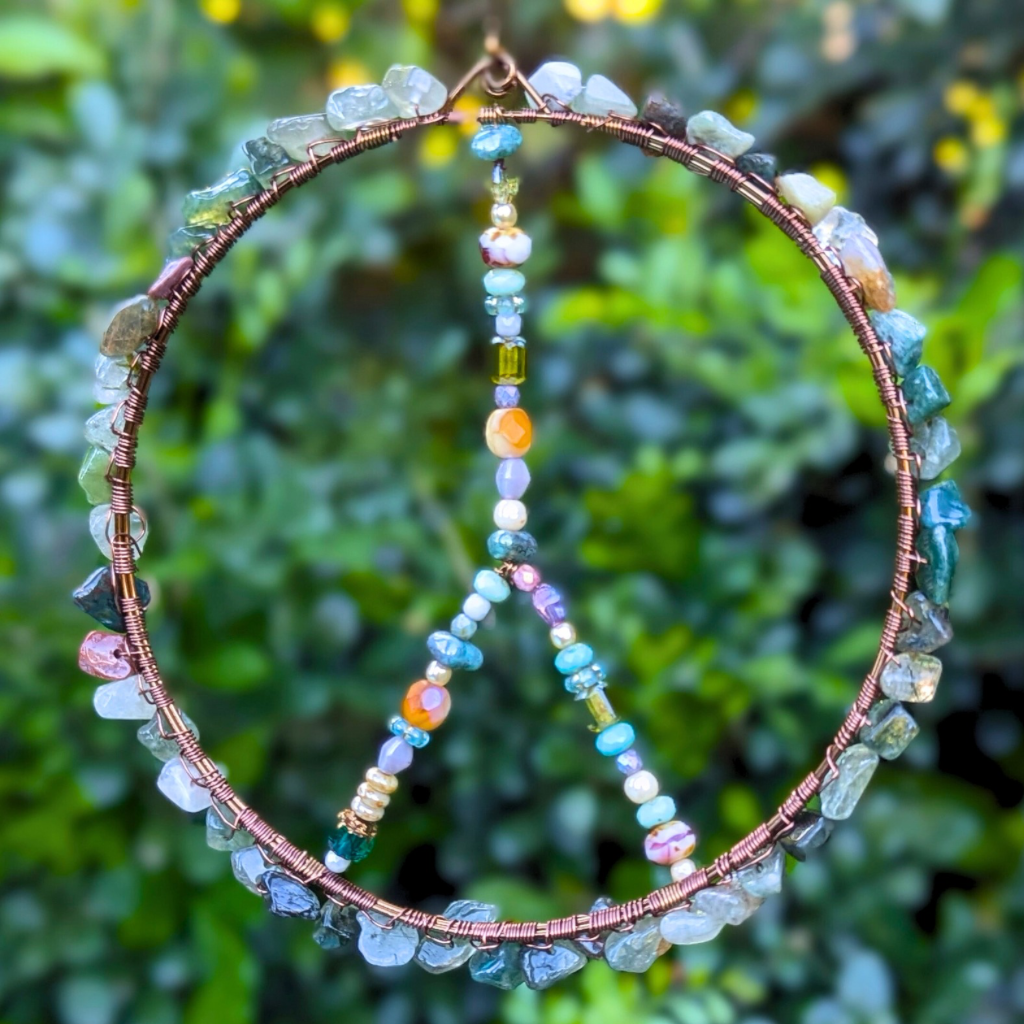 Peace sign suncatcher with glass and gemstone beads | Gift wrapped with hand painted tag | One Of A Kind