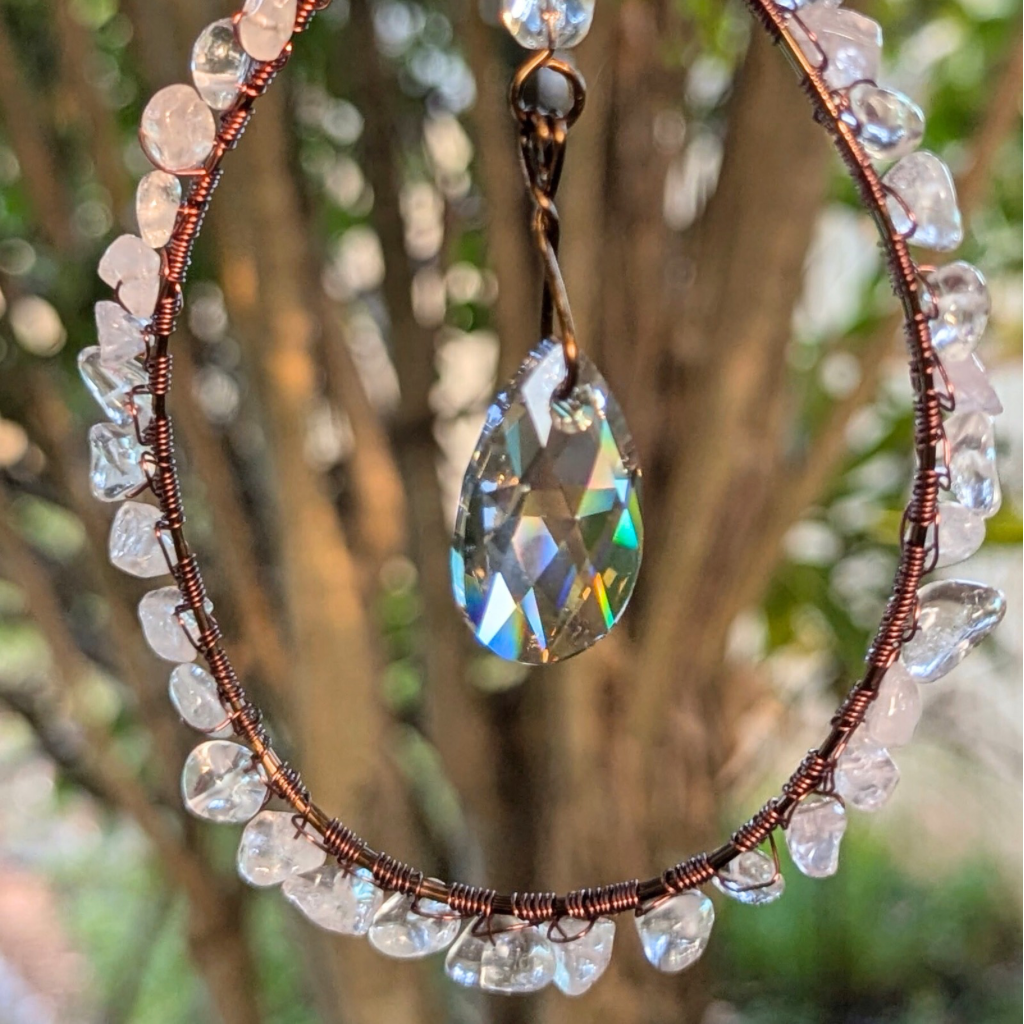Crystal wrapped suncatcher with Swarovski pear drop | Rose quartz and crystal quartz | Gift wrapped with tag | One Of A Kind