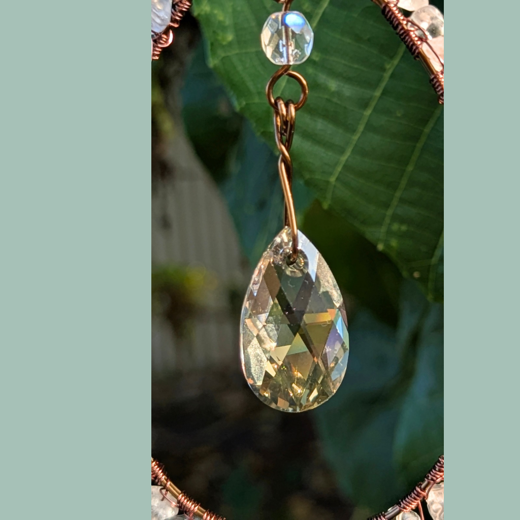 Crystal wrapped suncatcher with Swarovski pear drop | Rose quartz and crystal quartz | Gift wrapped with tag | One Of A Kind