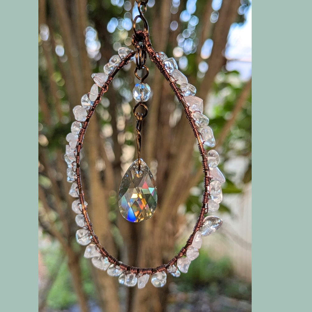 Crystal wrapped suncatcher with Swarovski pear drop | Rose quartz and crystal quartz | Gift wrapped with tag | One Of A Kind