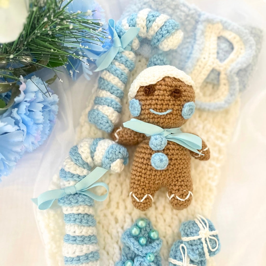 Handmade Crochet Gingerbread Baby Xmas Stocking Personalised