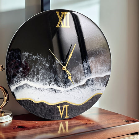 Black Ocean Wave Resin Wall Clock with Gold Accents - 40cm