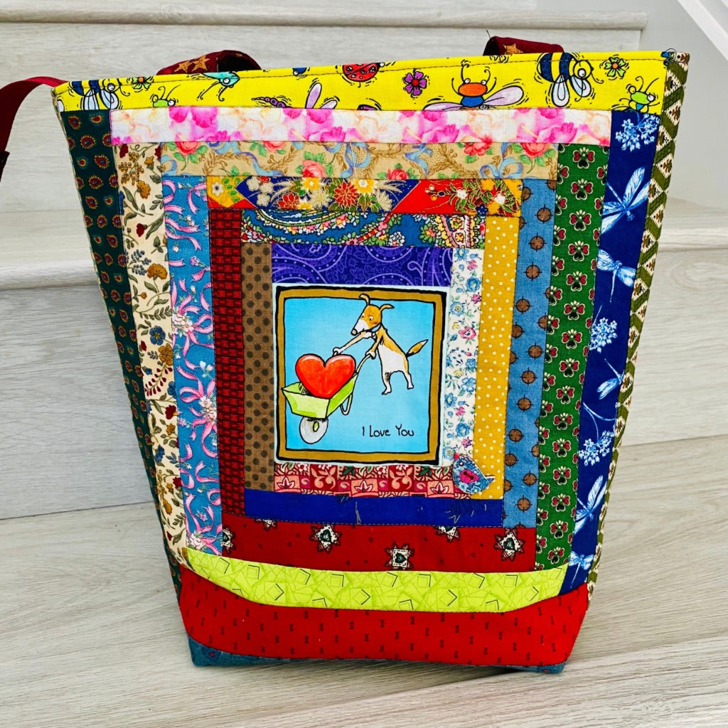 Thinking of You log cabin patchwork tote