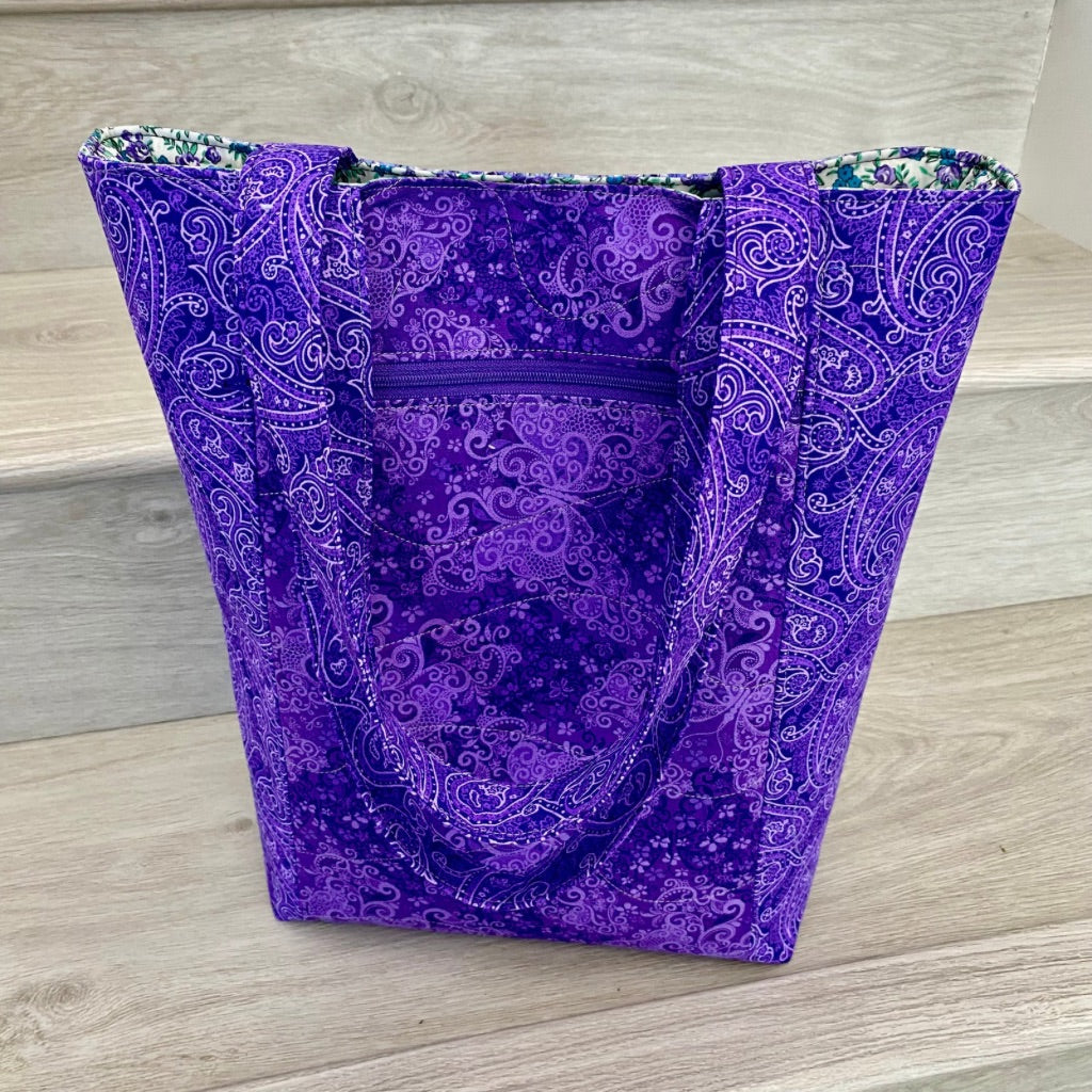 Lavender Whirl” Patchwork Tote – Floral & Paisley Quilted Bag