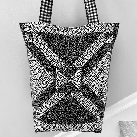 Black and white geometric patchwork tote