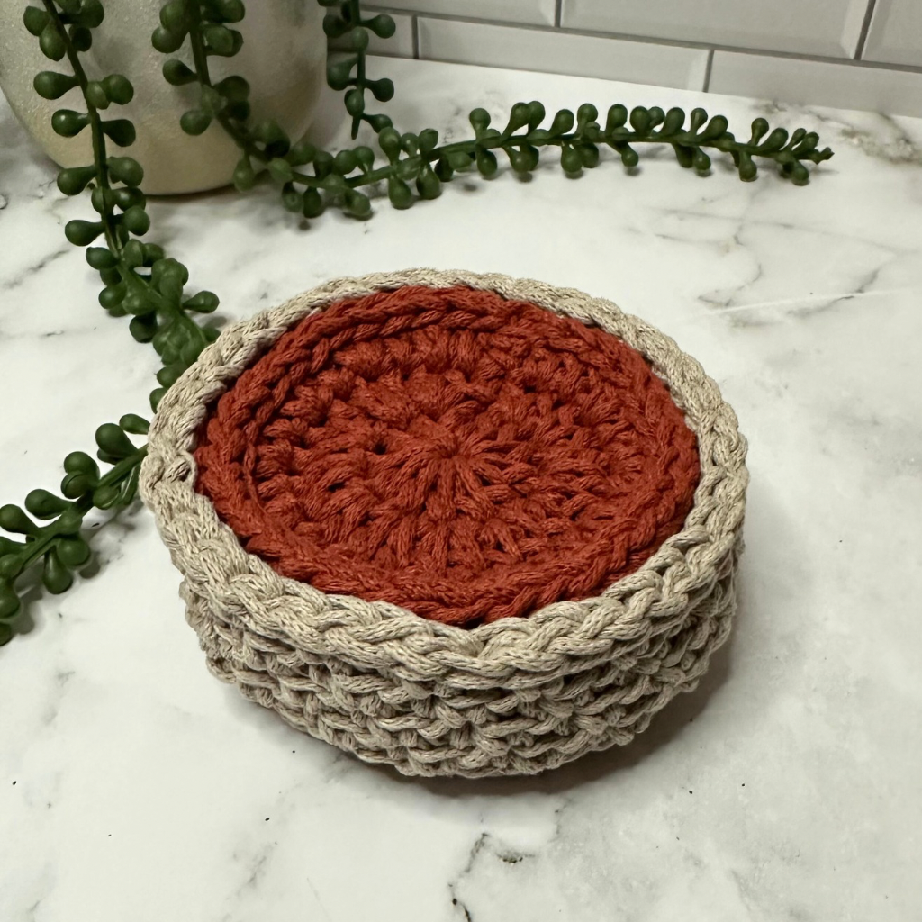 Handmade Beige Basket with Terracotta Crochet Coasters – Set of 4