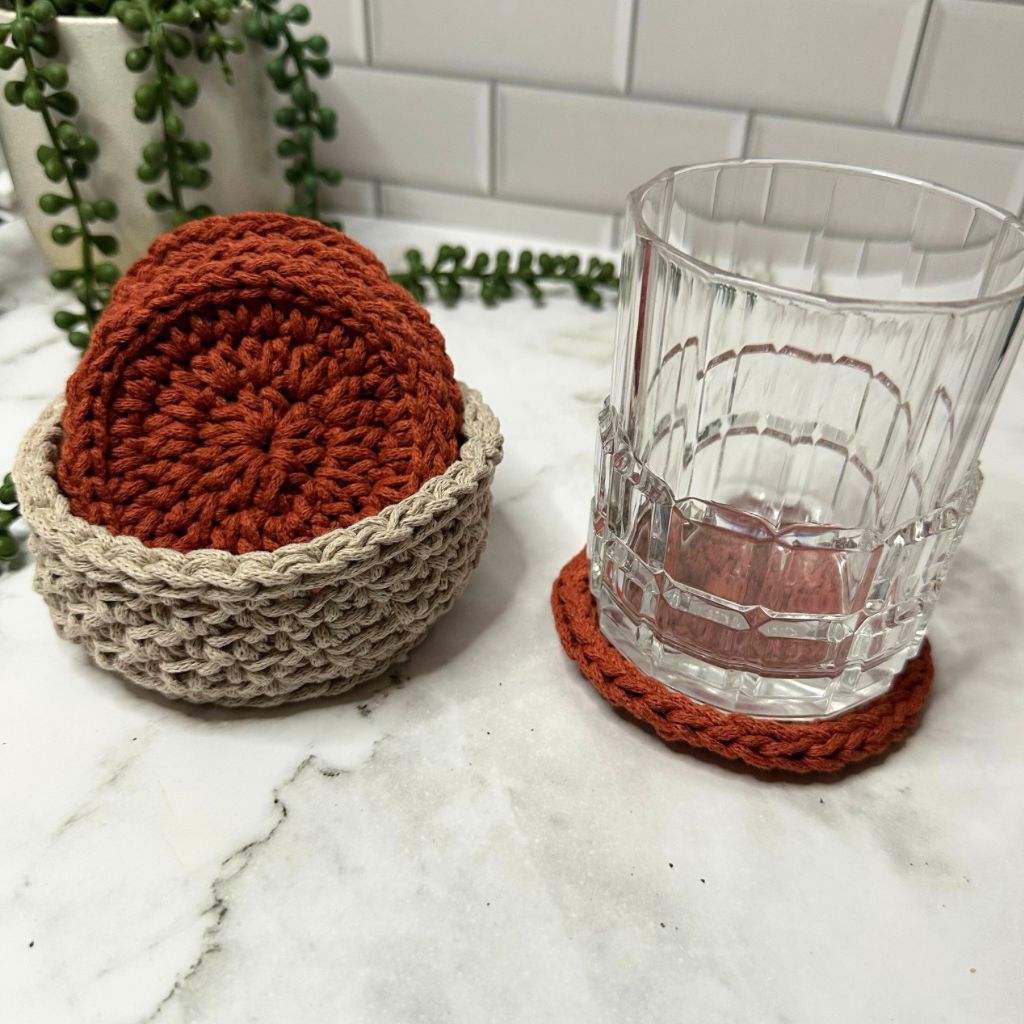 Handmade Beige Basket with Terracotta Crochet Coasters – Set of 4