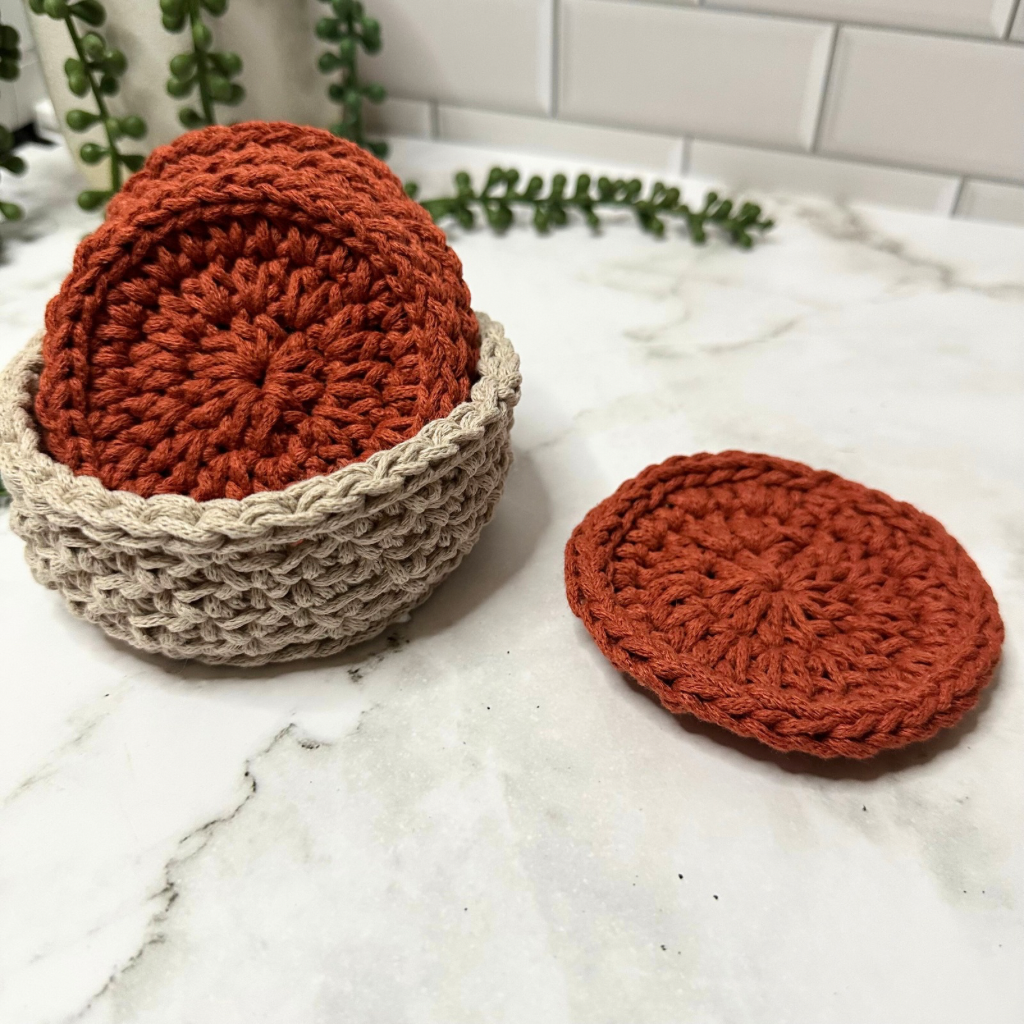 Handmade Beige Basket with Terracotta Crochet Coasters – Set of 4