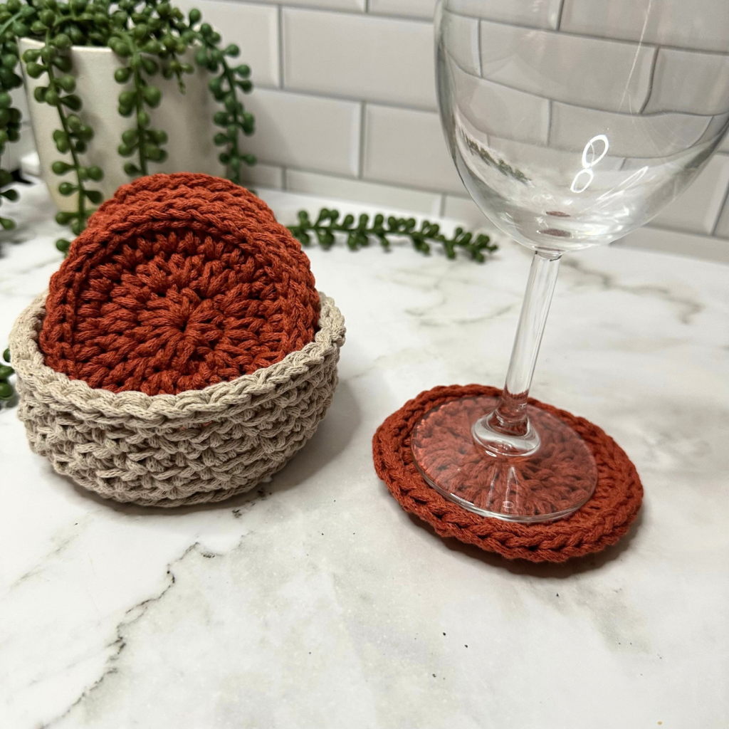 Handmade Beige Basket with Terracotta Crochet Coasters – Set of 4