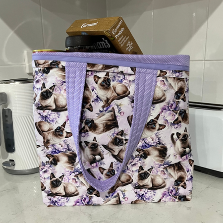 Grocery Tote. Siamese Cat .. Lined with storage pouch