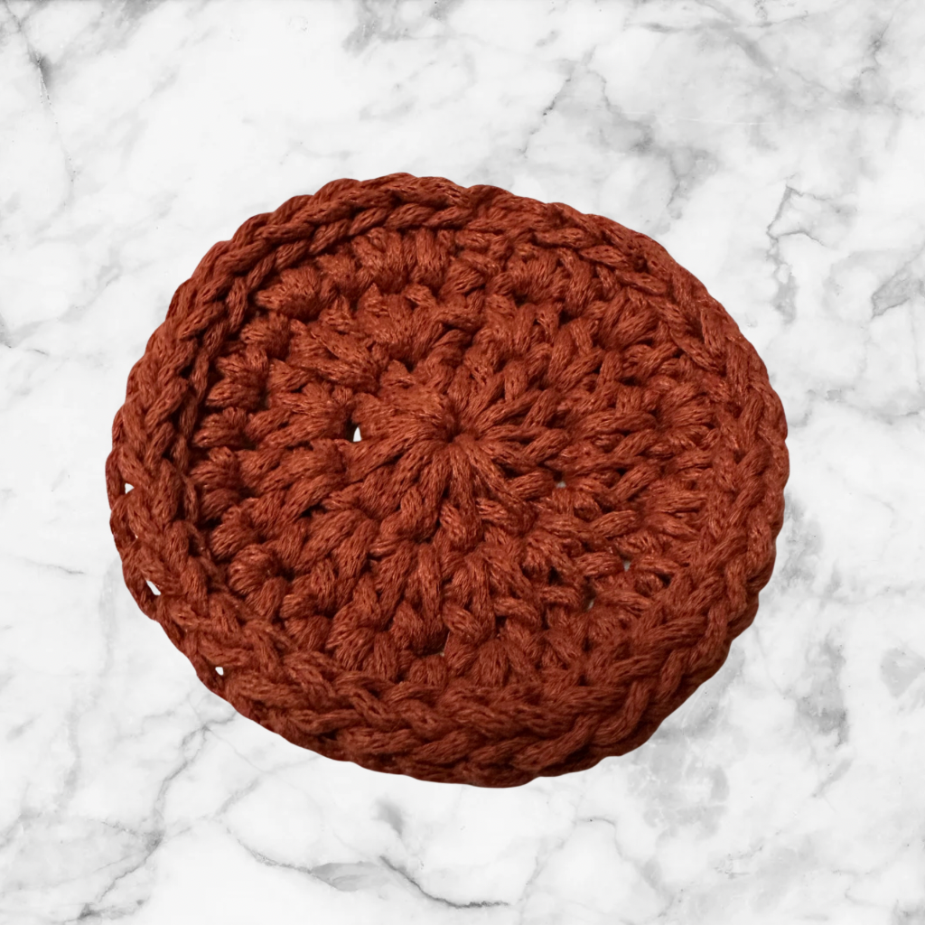 Handmade Beige Basket with Terracotta Crochet Coasters – Set of 4