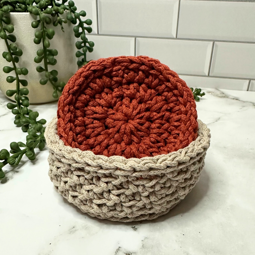 Handmade Beige Basket with Terracotta Crochet Coasters – Set of 4
