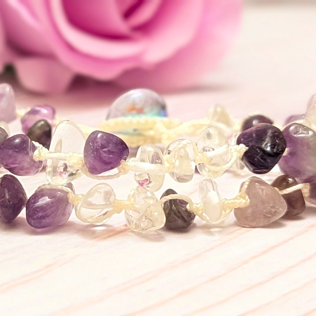 Crystal healing bracelet | Amethyst and quartz crystal gemstones | Hand knotted macrame | Intention - Tranquility