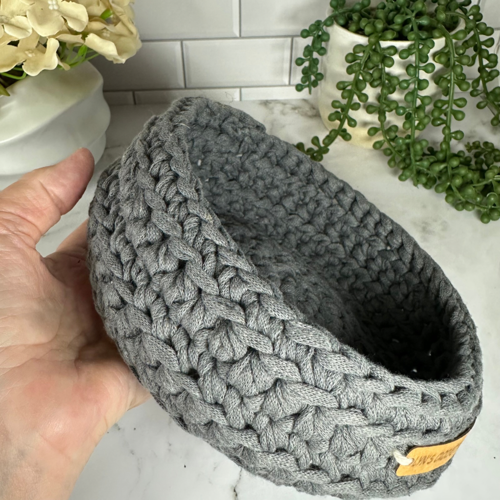 Handmade Crochet Basket in Charcoal – Decorative Storage Bowl