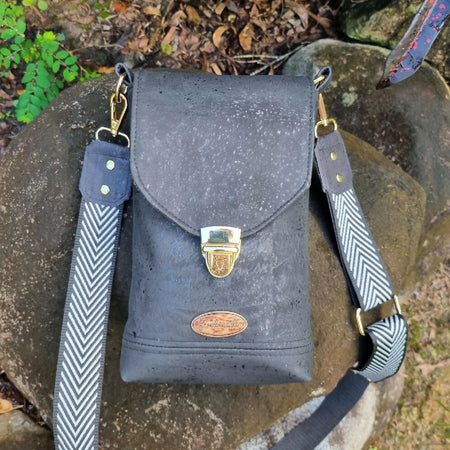 Handmade Black Cork Crossbody Phone Bag | Stylish and Sustainable