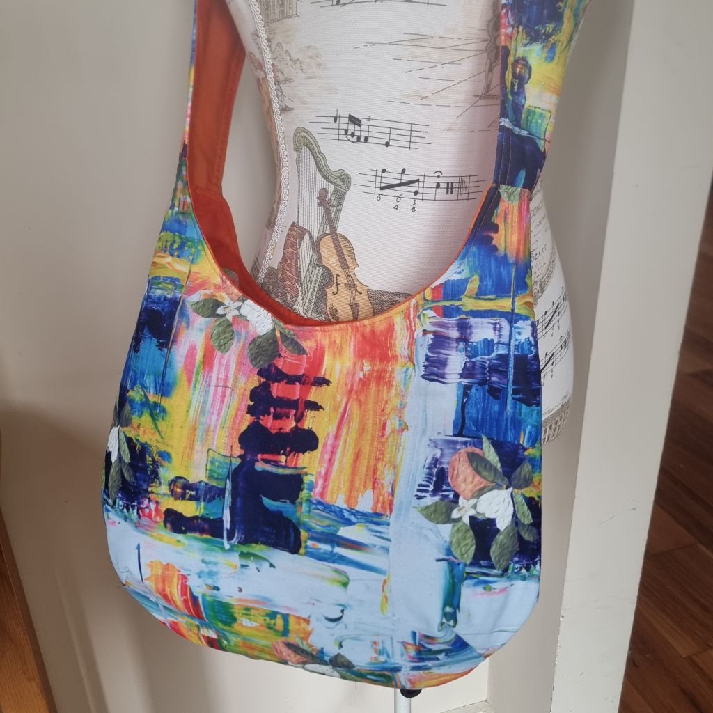 Sadie Jane upcycled slouchy hobo bag - bright abstract summer pattern