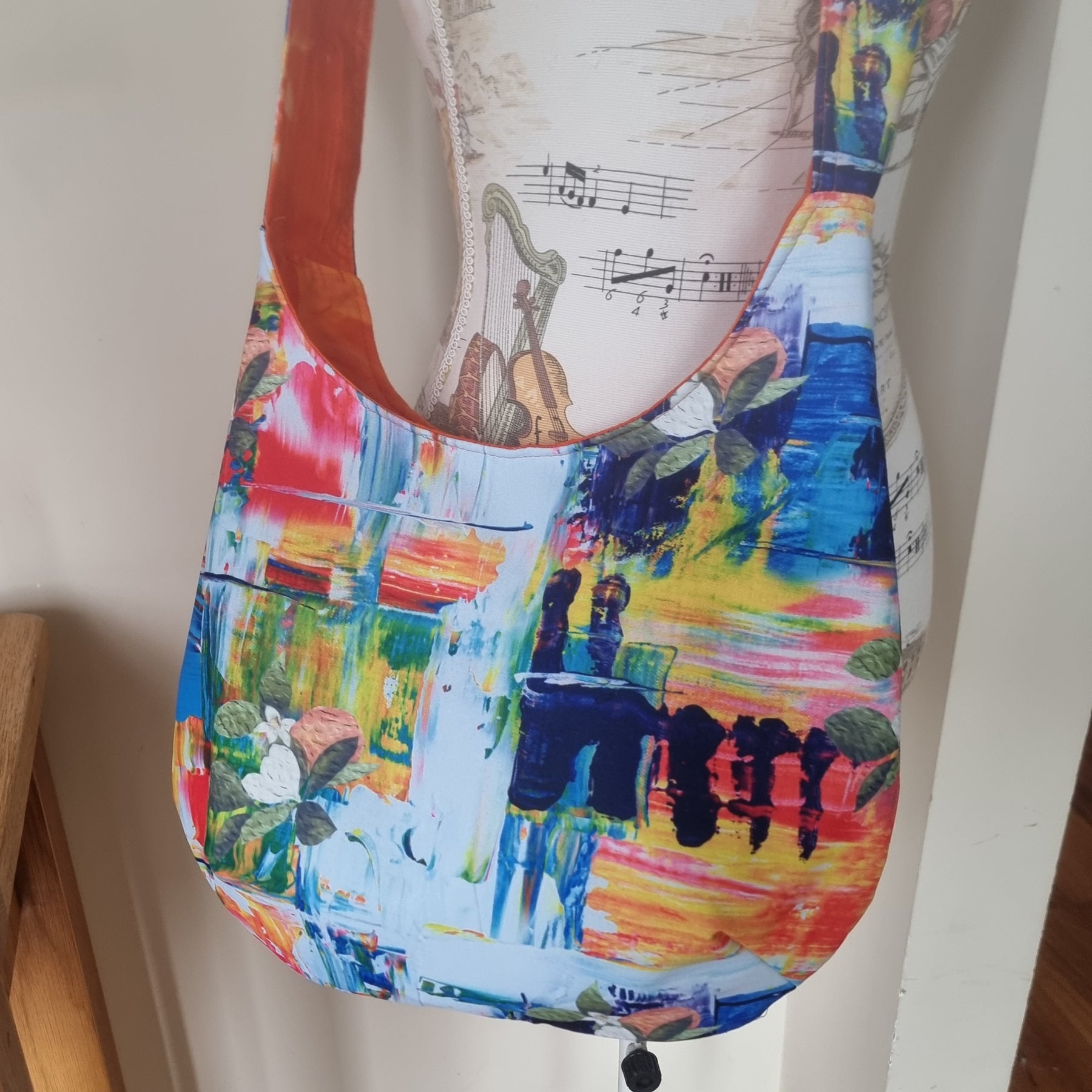 Sadie Jane upcycled slouchy hobo bag - bright abstract summer pattern