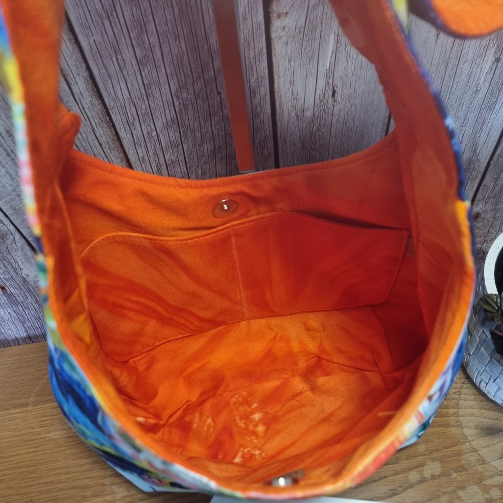 Sadie Jane upcycled slouchy hobo bag - bright abstract summer pattern