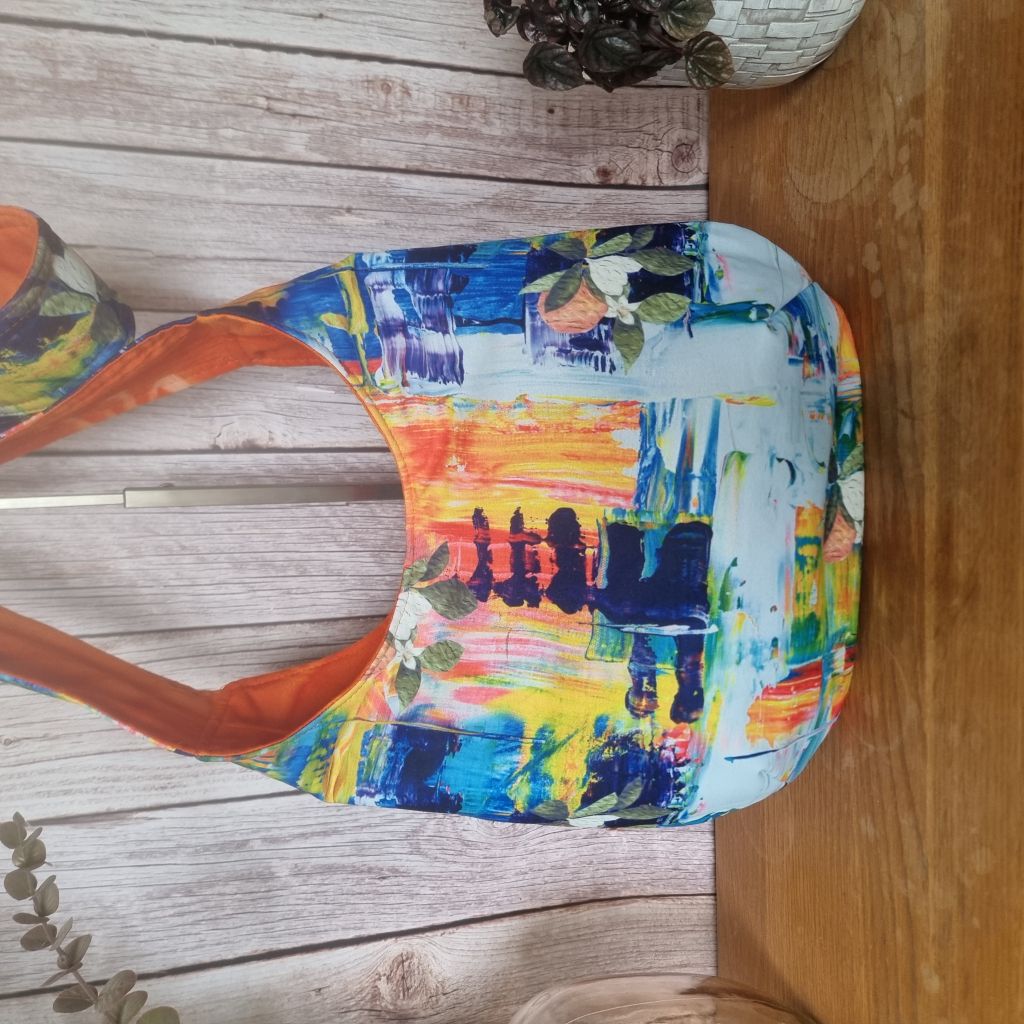 Sadie Jane upcycled slouchy hobo bag - bright abstract summer pattern