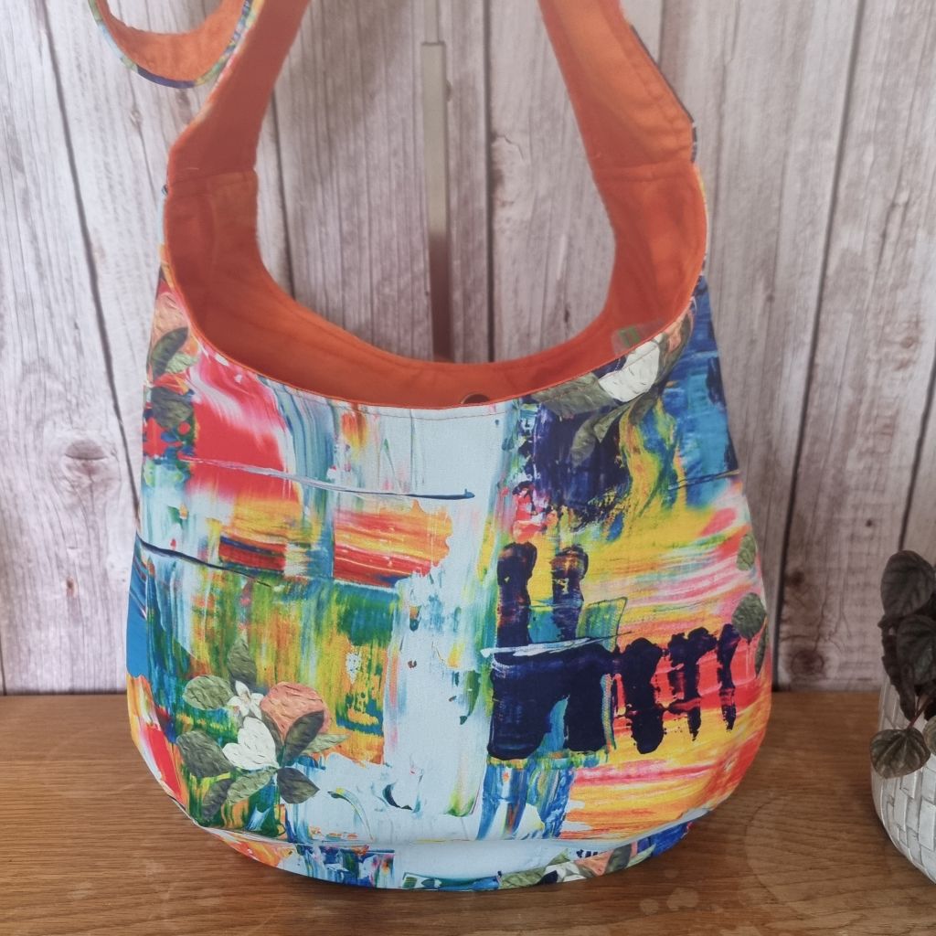 Sadie Jane upcycled slouchy hobo bag - bright abstract summer pattern