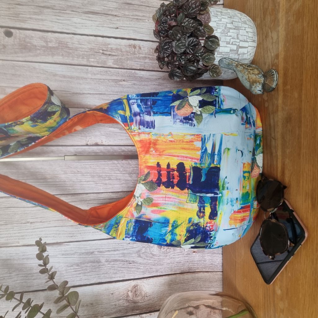 Upcycled slouchy hobo bag - bright abstract summer pattern