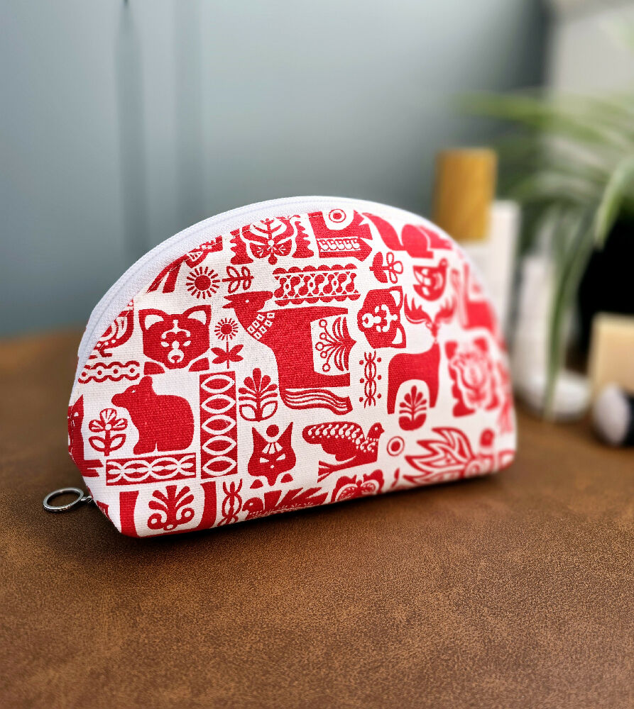 Make up bag. Scandi red & white design. Cosmetic pouch. Toiletry purse.