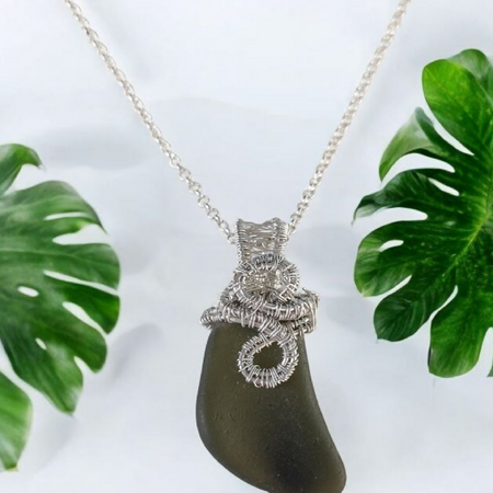 Olive Green Seaglass Wire Wrapped Pendant