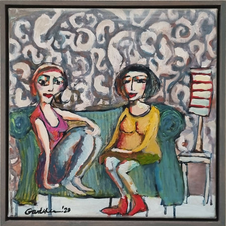 Original Painting, Friends Chatting on the Couch, Acrylic on Canvas, framed