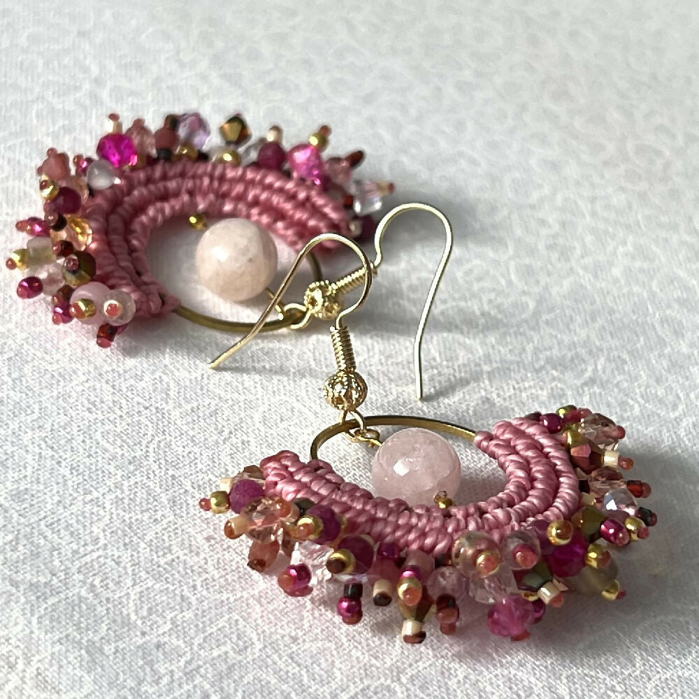 Pink Shades Micro Macrame Earrings gemstone +Free Microfiber Pouch