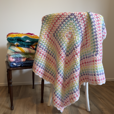 Crochet | Blanket / Throw | Pastel Rainbow + White Granny Square