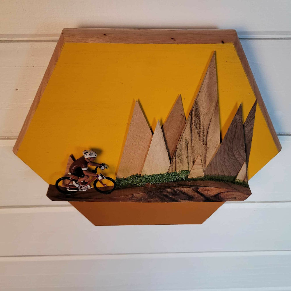 Wooden Frame-less wall art of cyclist road bike racer mountains,
