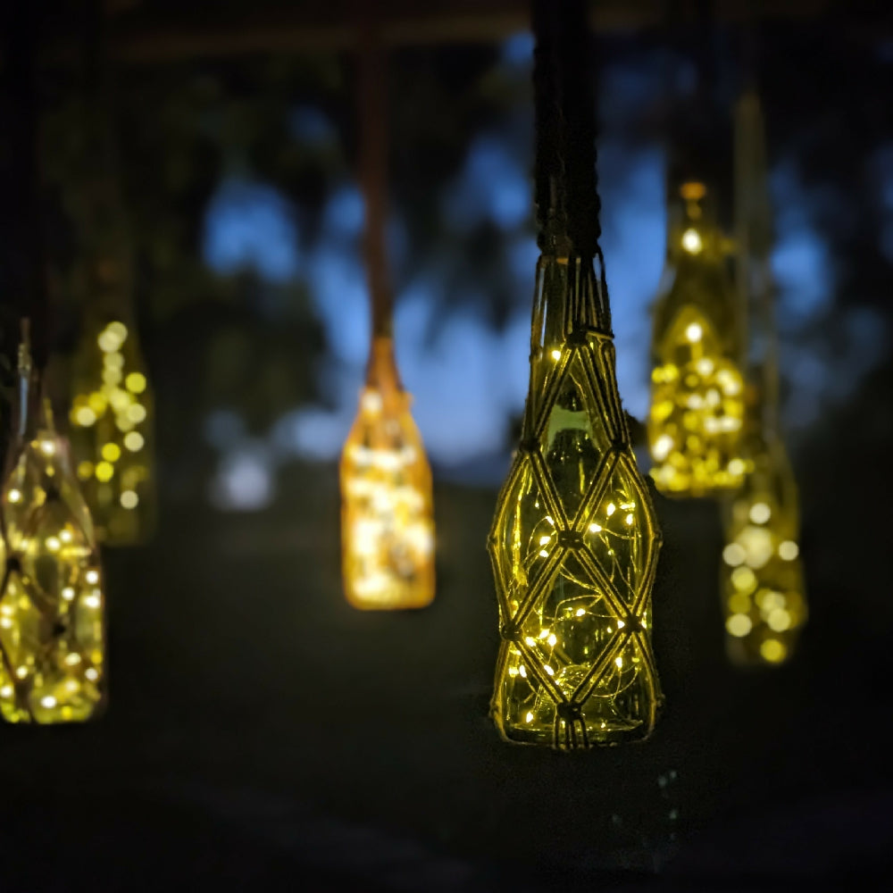 Macrame hanging wine bottle lights