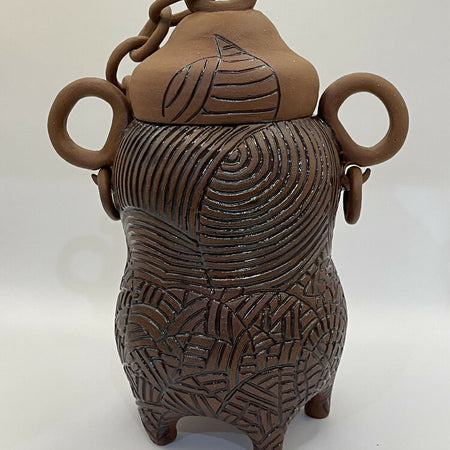 Wheel-Thrown Jar with Chains & Engraved Detail – Red Earth Clay