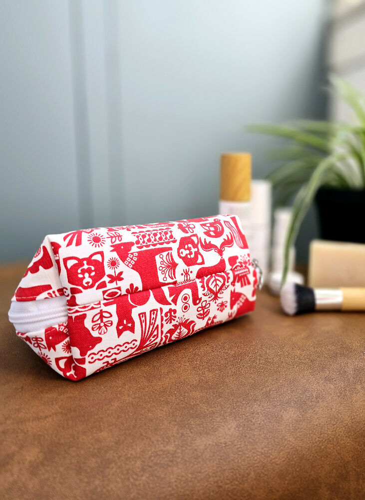 Make up bag. Scandi red & white design. Cosmetic pouch. Toiletry purse.