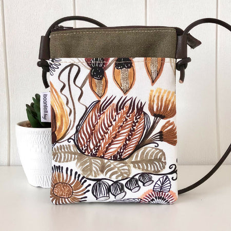 Cross Body Phone Sling Bag in Green Canvas with Neutral Natives