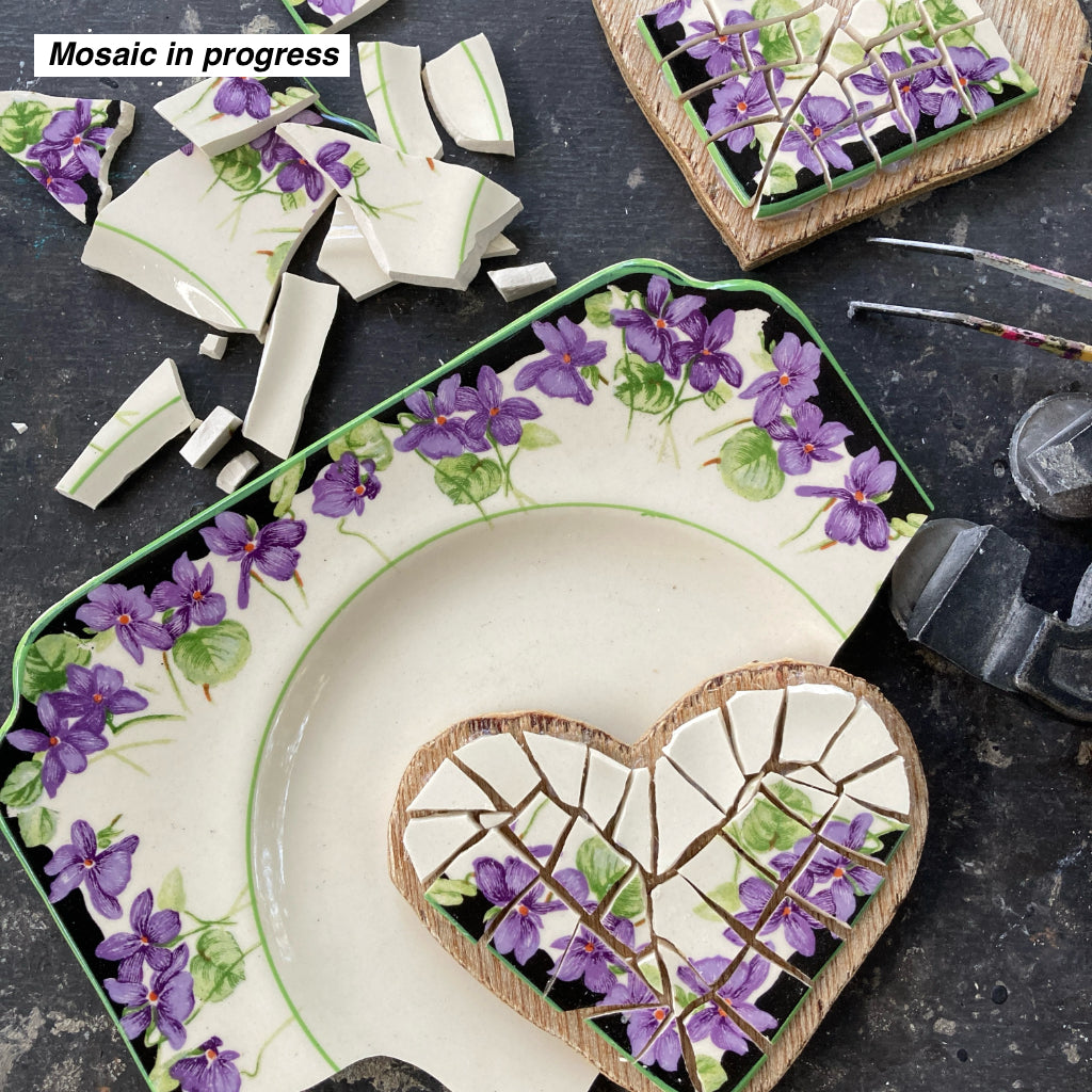 Upcycled Mosaic Hearts - Hanging Ornaments - Set of 2 - Royal Doulton Violets