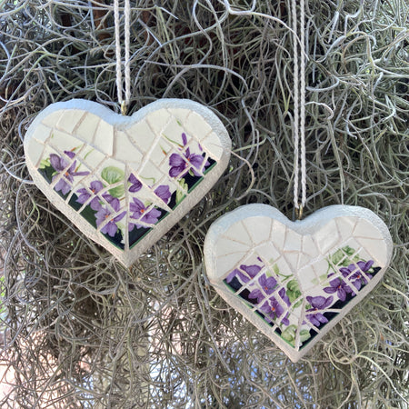 Upcycled Mosaic Hearts - Hanging Ornaments - Set of 2 - Royal Doulton Violets