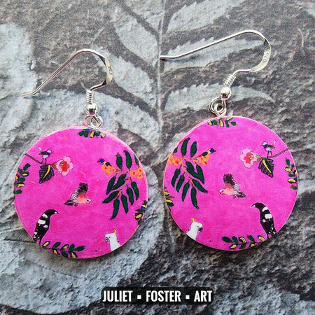 Australian bird forest silver earrings in hot pink